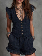 Boho Pinstripe Ruffle Vest & Shorts Set