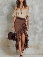 Retro Off-shoulder Ruffle Two-piece Set