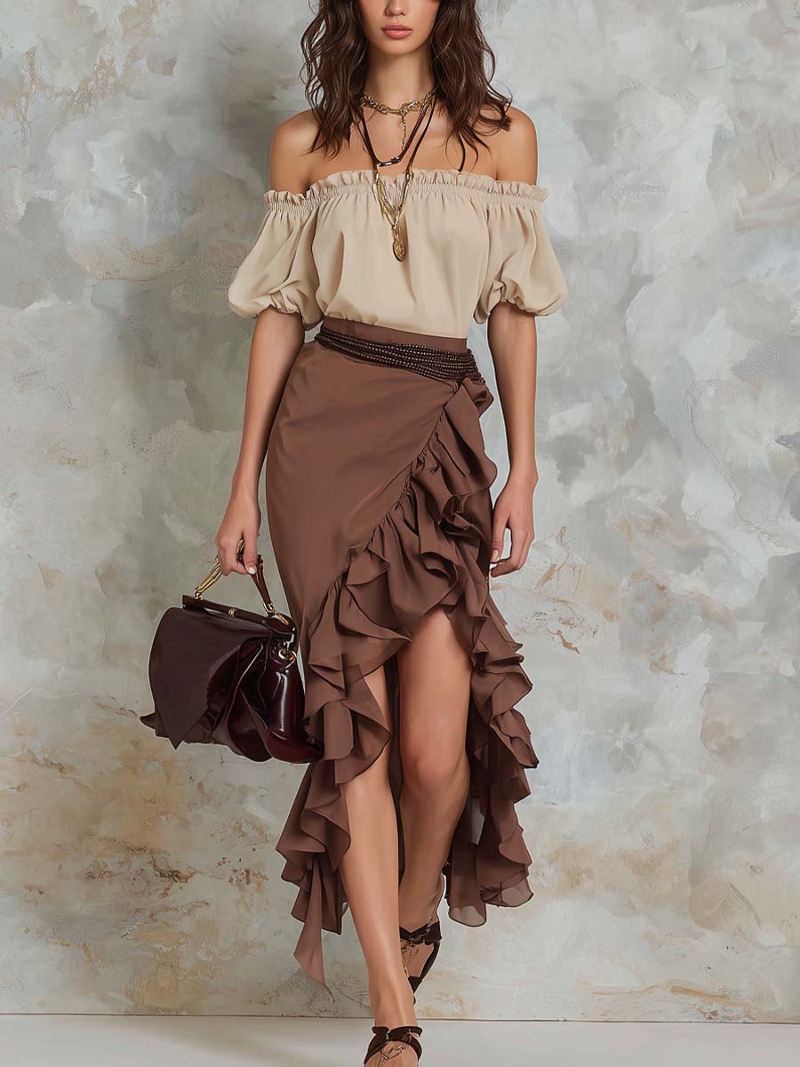 Retro Off-shoulder Ruffle Two-piece Set