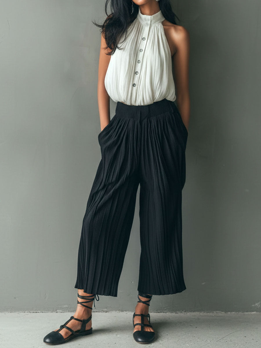 Chic Pleated Halter Blouse & Wide-Leg Contrast Pants Two-Piece Set