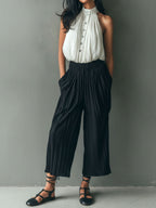 Chic Pleated Halter Blouse & Wide-Leg Contrast Pants Two-Piece Set