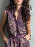 Retro Abstract Print Sleeveless Blouse & Shorts Set With Lace