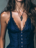 Boho Chic Midnight Blue Lace-Trim Satin Corset Camisole