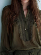 Boho Dark Olive Sheer Lace-Trim Blouse & Drawstring Shorts Set