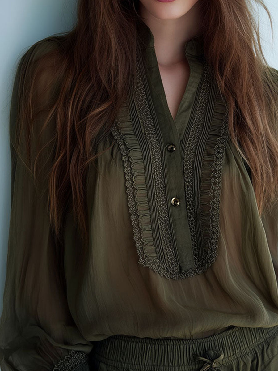 Boho Dark Olive Sheer Lace-Trim Blouse & Drawstring Shorts Set