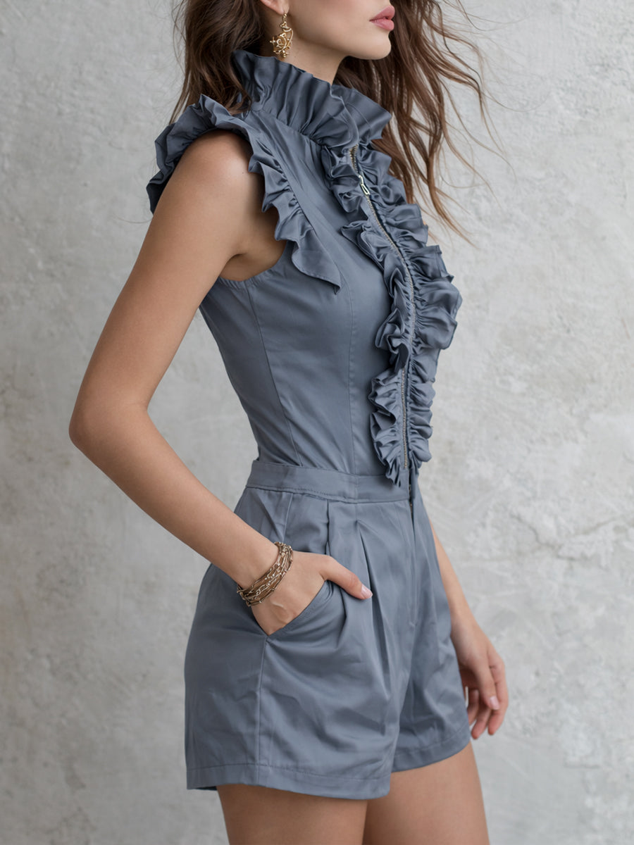 Retro Ruffled Sleeveless Blouse & Shorts Set