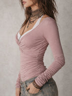 Retro Knitted Faux Two-piece Style Slim-fit T-shirt