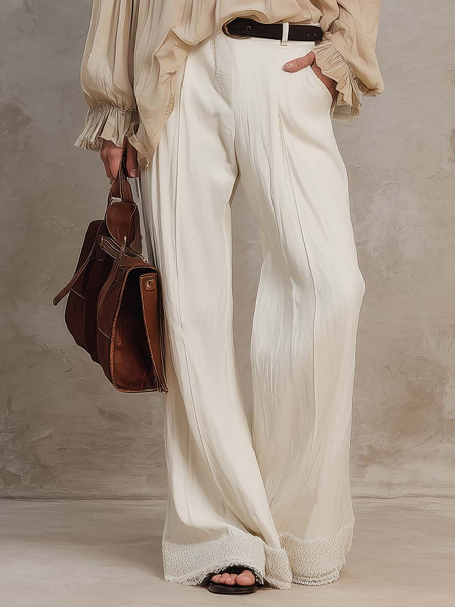 Vintage Ruffle Cuffs Chiffon Blouse And Pants Set