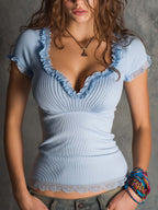 Romantic Boho Ribbed Ruffle Neck Fitted Top – Soft Sky Blue