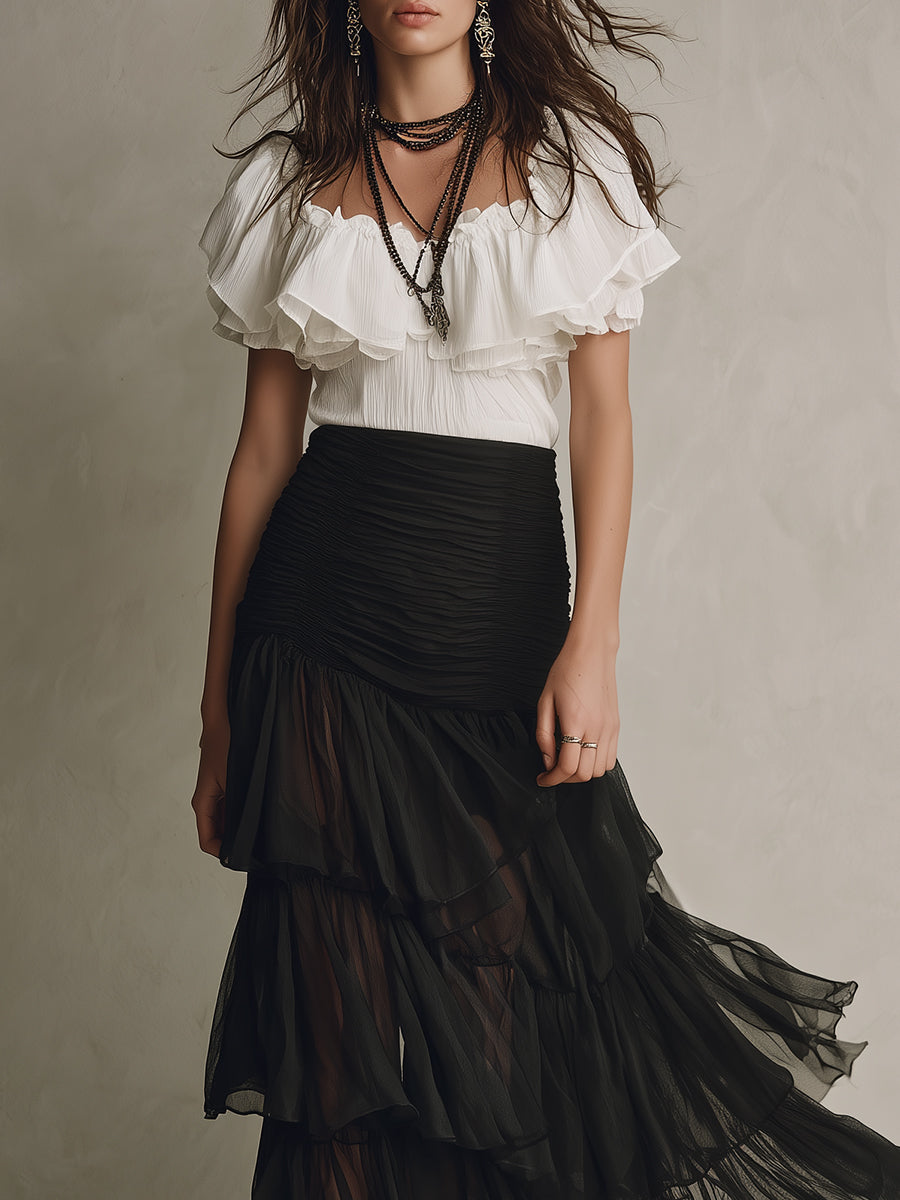 Vintage Off-the-shoulder Ruffle Blouse & Chiffon Long Skirt Set