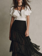 Vintage Off-the-shoulder Ruffle Blouse & Chiffon Long Skirt Set