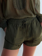 Boho Dark Olive Sheer Lace-Trim Blouse & Drawstring Shorts Set