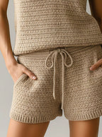 Boho Beige Knit Sleeveless Collared Top & Drawstring Shorts Set