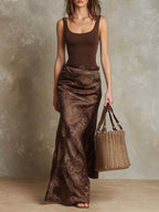 Retro Tank Top And Paisley Printed Polyester Satin Skirt Set