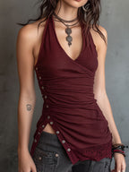 Retro Burgundy Halter Button-Side Ruched Top With Lace Hem