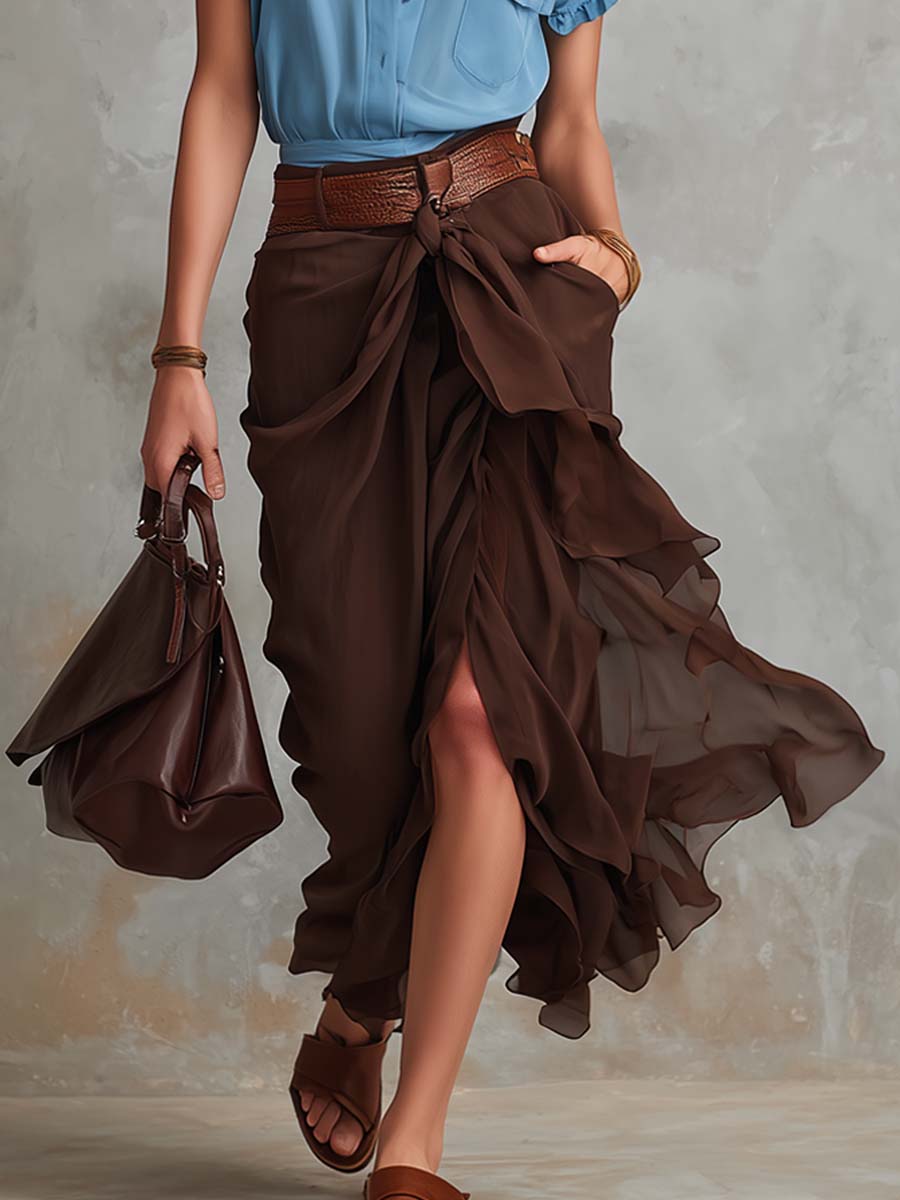 Retro-style Ruffled Cuff Blouse And Wrap Skirt Two-piece Set