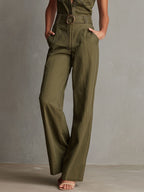 Casual Olive Utility Sleeveless Wide-Leg Belted Jumpsuit