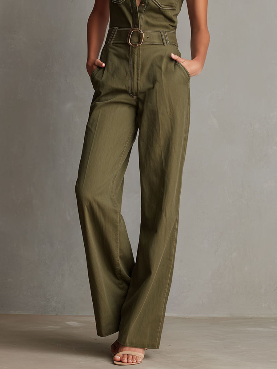 Casual Olive Utility Sleeveless Wide-Leg Belted Jumpsuit