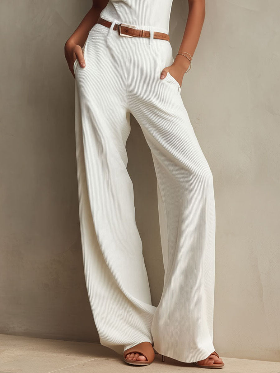 Sleek White Ribbed Knit Sleeveless Mock Neck Top & Wide-Leg Pants Set