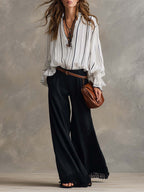 Retro Striped Chiffon Blouse And Pants Set