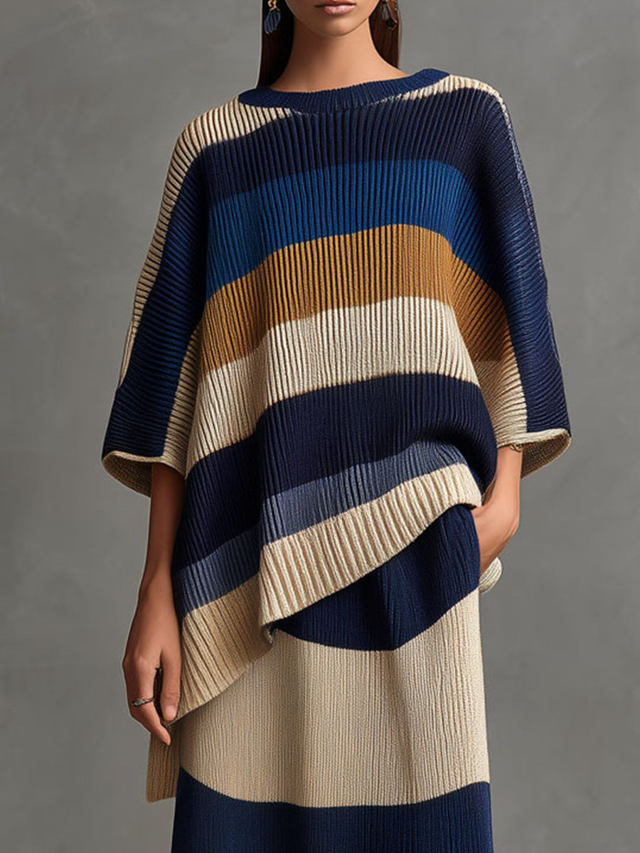 Quiet Luxury Color-Blocked Knit Top & Maix Skirt Set
