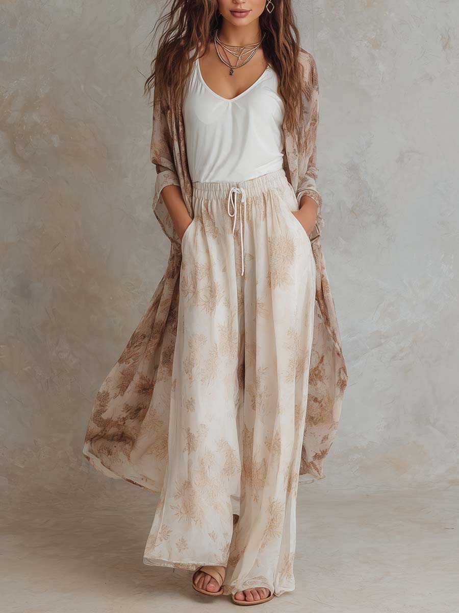 Retro Floral Tank Cardigan And Pants Set