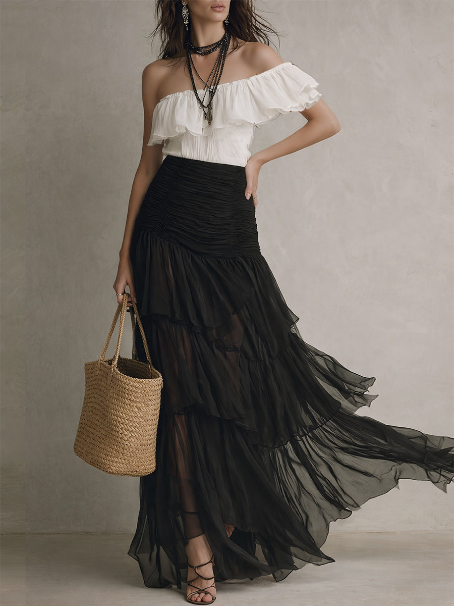 Vintage Off-the-shoulder Ruffle Blouse & Chiffon Long Skirt Set