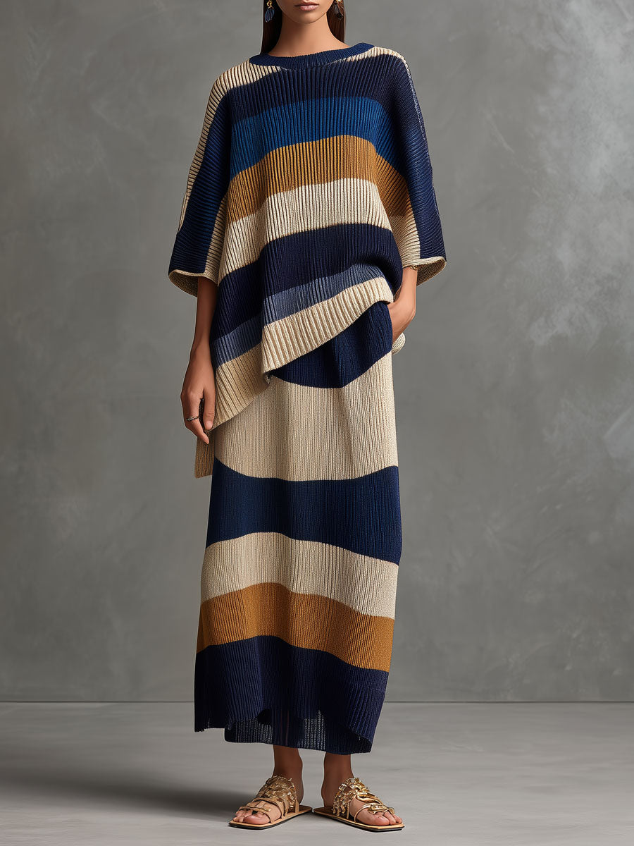 Quiet Luxury Color-Blocked Knit Top & Maix Skirt Set