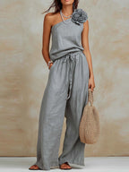 Retro Three-dimensional Floral Cotton Linen Tank Top And Pants Set