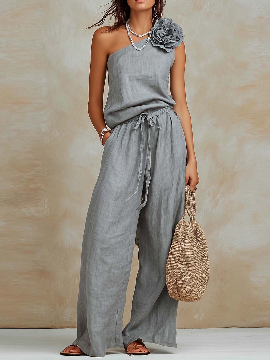 Retro Three-dimensional Floral Cotton Linen Tank Top And Pants Set