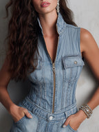 Retro Washed Denim Stand Collar Blouse & Shorts Set