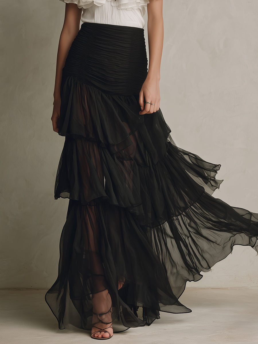 Vintage Off-the-shoulder Ruffle Blouse & Chiffon Long Skirt Set