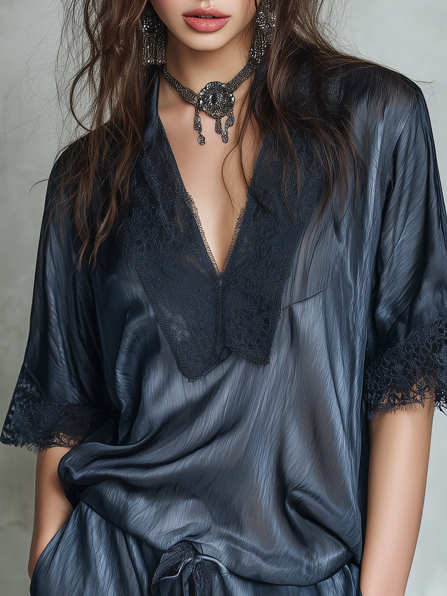 Retro Tencel Short-sleeved Blouse & Shorts Set With Lace