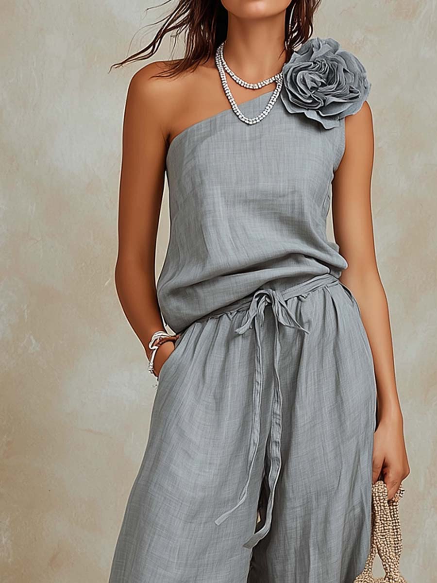 Retro Three-dimensional Floral Cotton Linen Tank Top And Pants Set