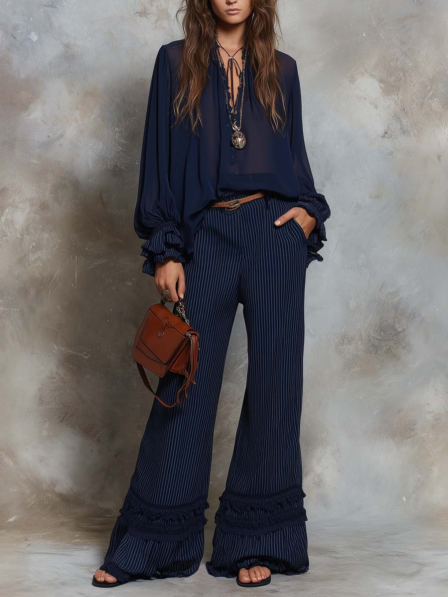 Retro Ruffle Trim Chiffon Shirt Striped Pants Two-piece Set