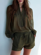 Boho Dark Olive Sheer Lace-Trim Blouse & Drawstring Shorts Set