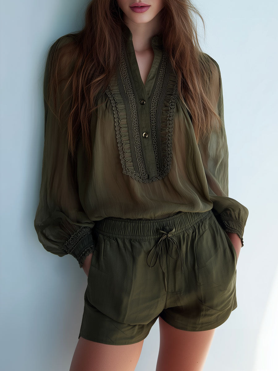 Boho Dark Olive Sheer Lace-Trim Blouse & Drawstring Shorts Set