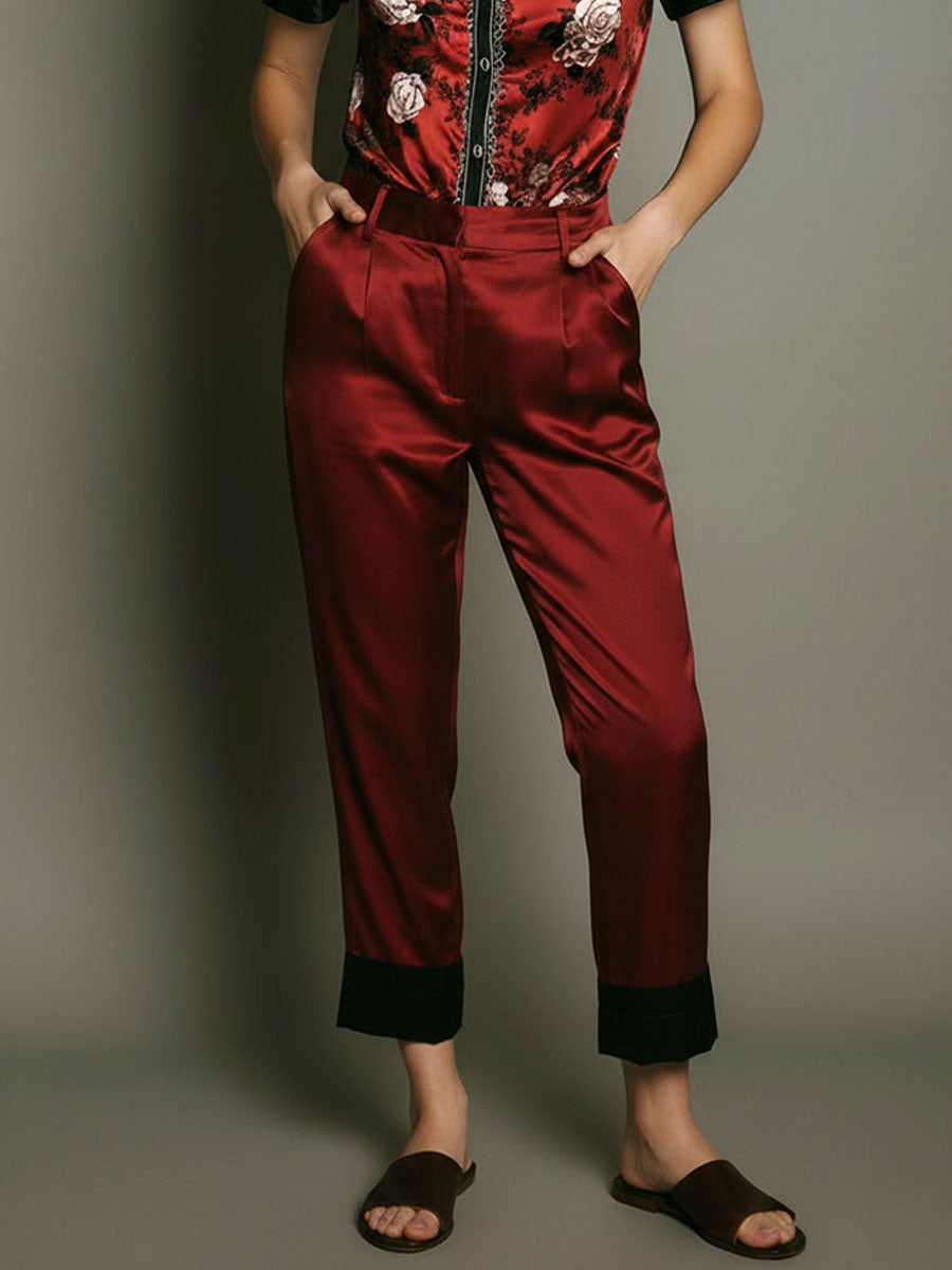 Retro Red Satin Floral Short-Sleeve Blouse & Cuffed Pants Set