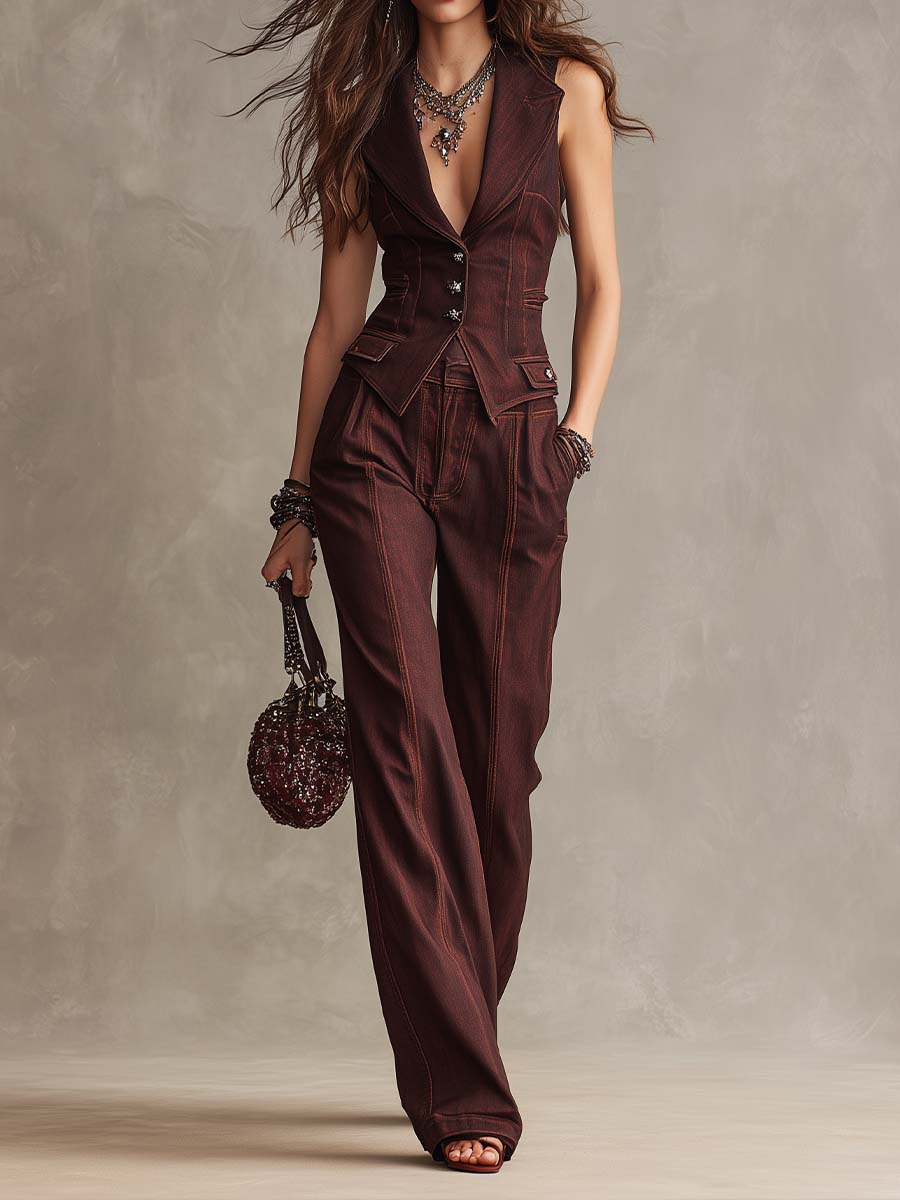 Vintage Western Pure-Cotton Denim Two-Piece Set