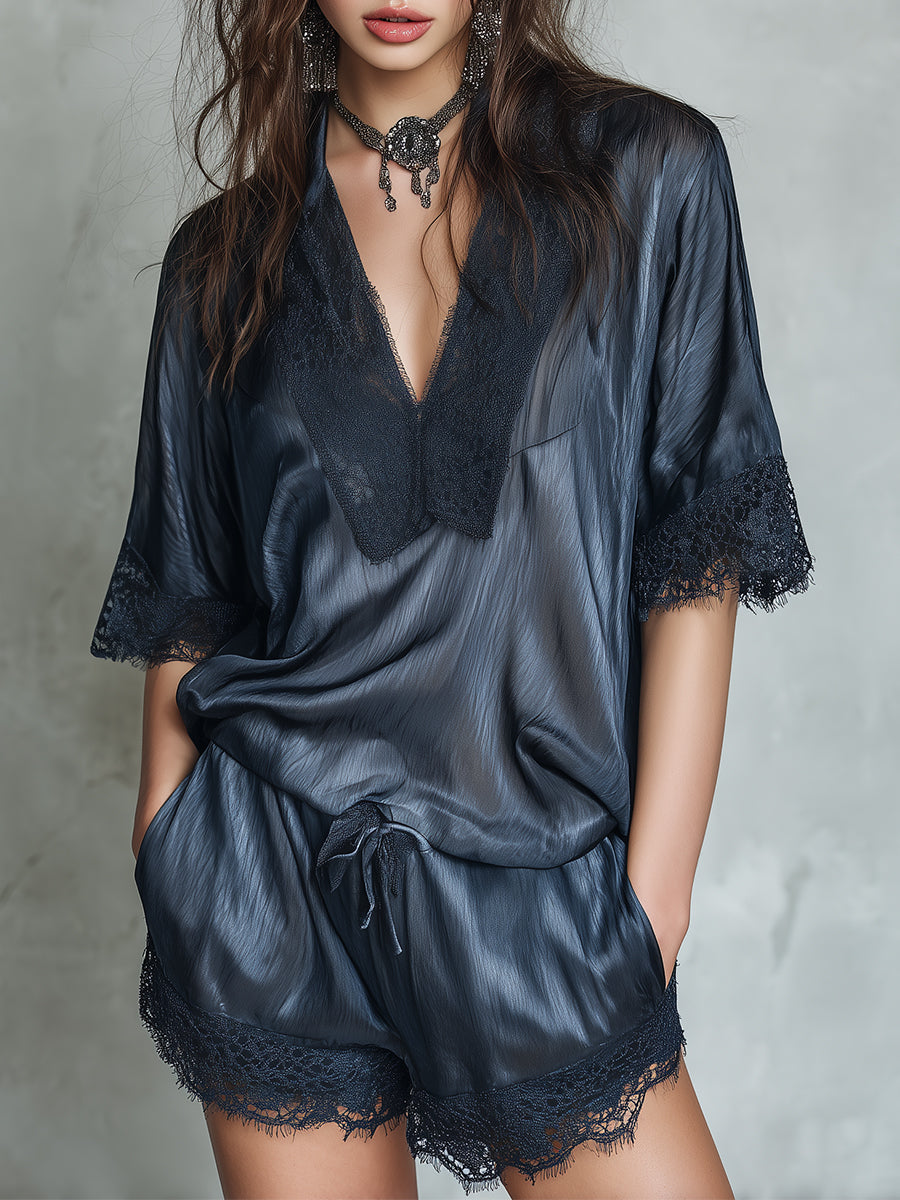 Retro Tencel Short-sleeved Blouse & Shorts Set With Lace