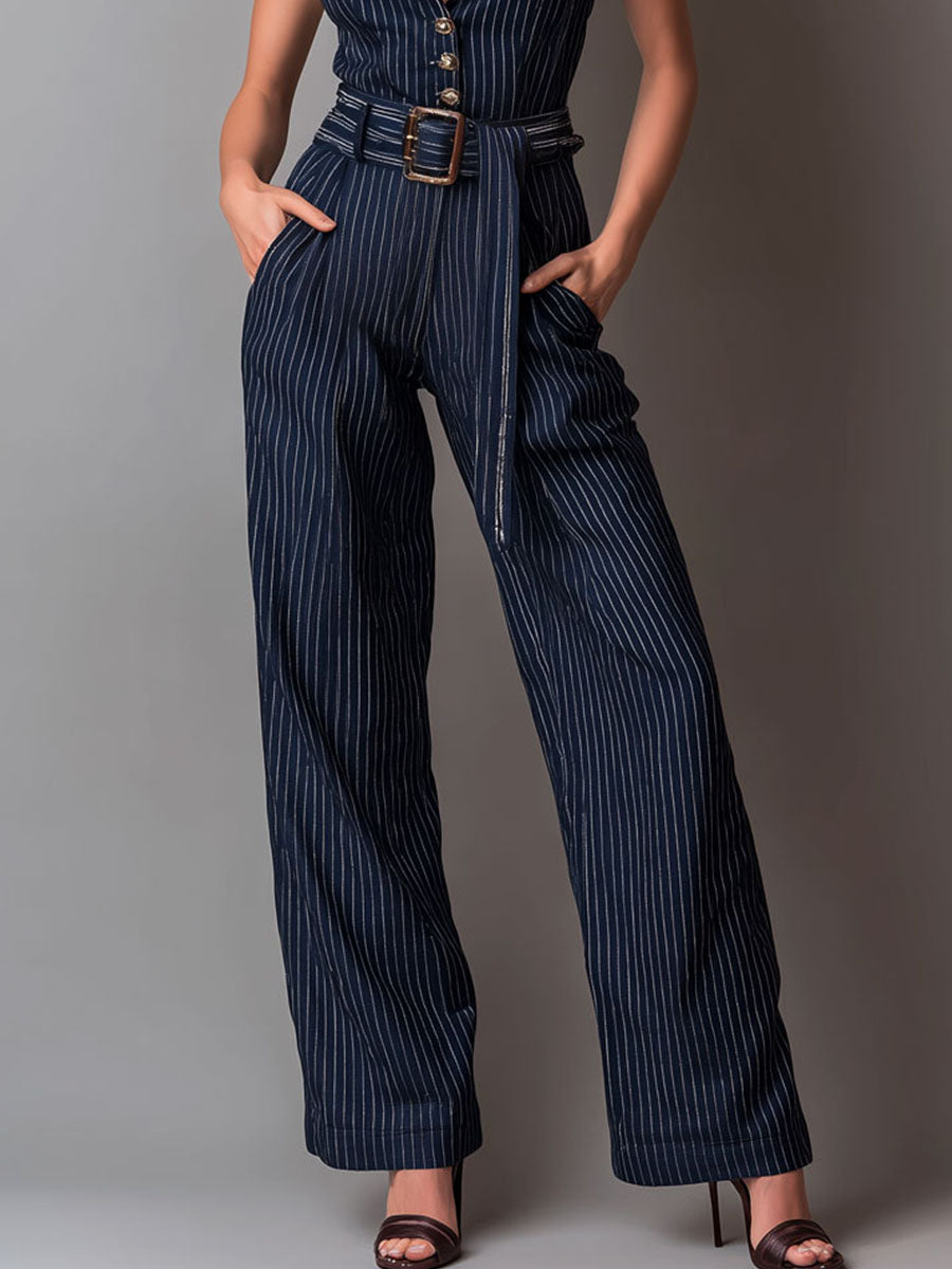 Retro Navy Pinstripe Halter Belted Jumpsuit With Wide-Leg