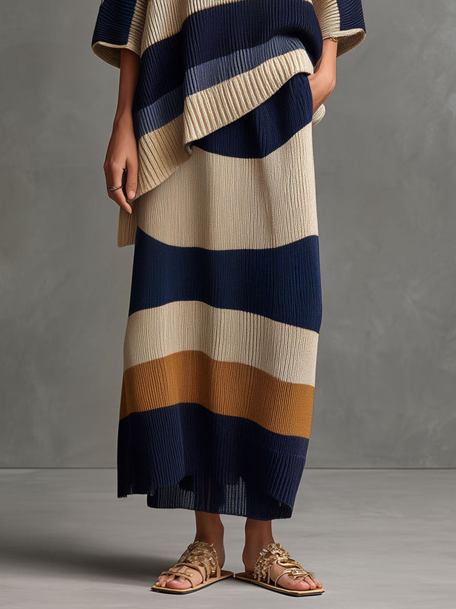 Quiet Luxury Color-Blocked Knit Top & Maix Skirt Set