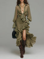 Bohemian Chiffon Blouse & Multi-layered Ruffled Fishtail Skirt Set