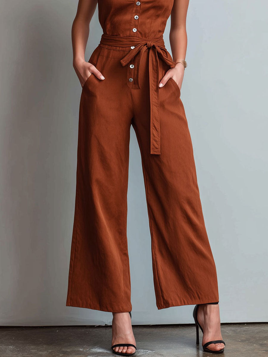 Chic Rust Sleeveless Button-Front Jumpsuit