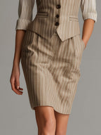 Vintage Beige Pinstripe Tailored Waistcoat & Pencil Skirt Set