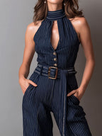 Retro Navy Pinstripe Halter Belted Jumpsuit With Wide-Leg