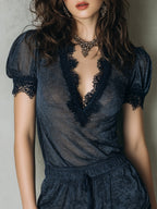Retro Shinny Knitted Short-sleeved T-shirt & Shorts Set With Lace