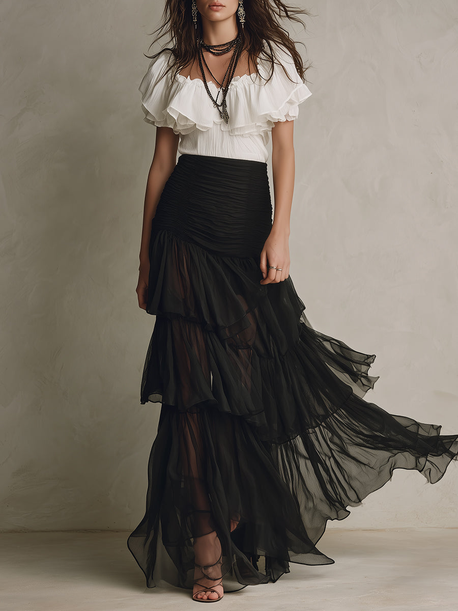 Vintage Off-the-shoulder Ruffle Blouse & Chiffon Long Skirt Set