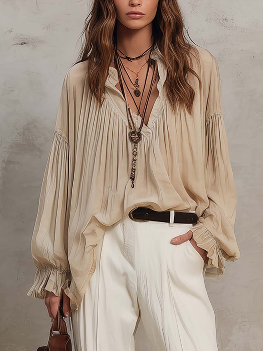 Vintage Ruffle Cuffs Chiffon Blouse And Pants Set