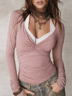 Retro Knitted Faux Two-piece Style Slim-fit T-shirt